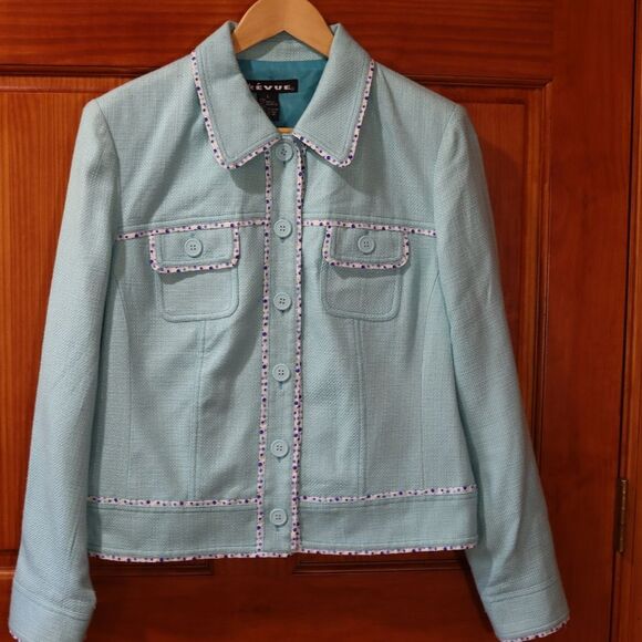 Révue Vintage Structured Blue & White Blazer Tweed Piping Polka Dot LG - Picture 2 of 10